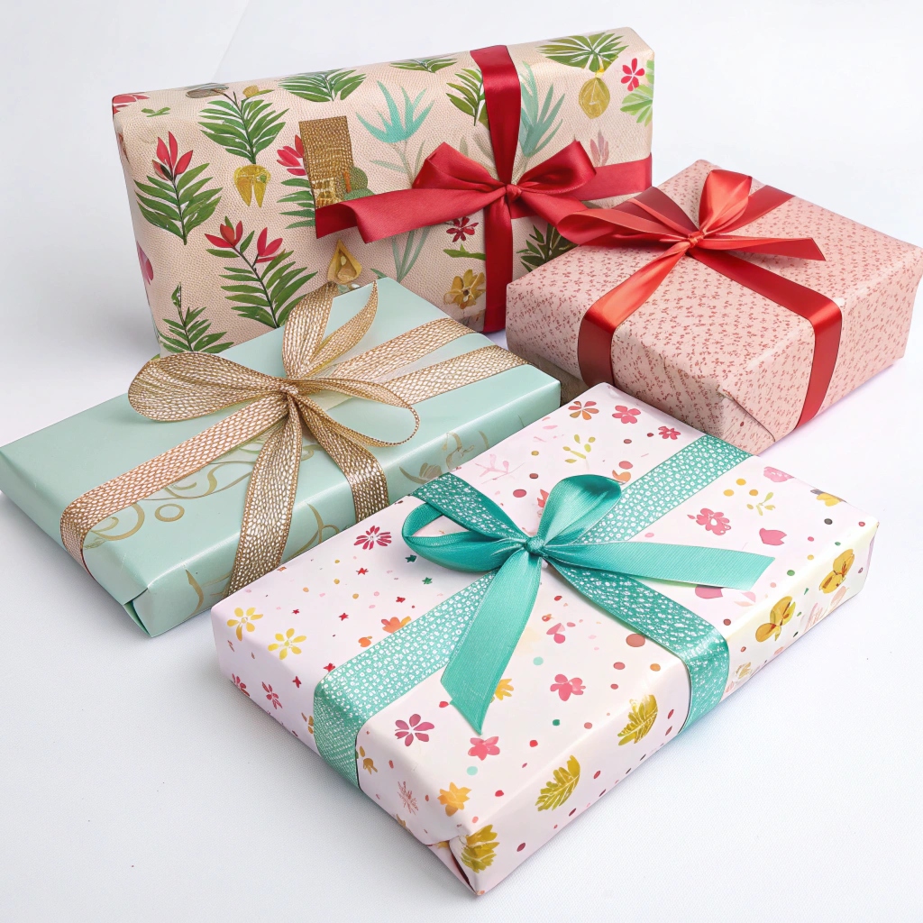 Hånd som pakker inn en gave med elegant papir og bånd